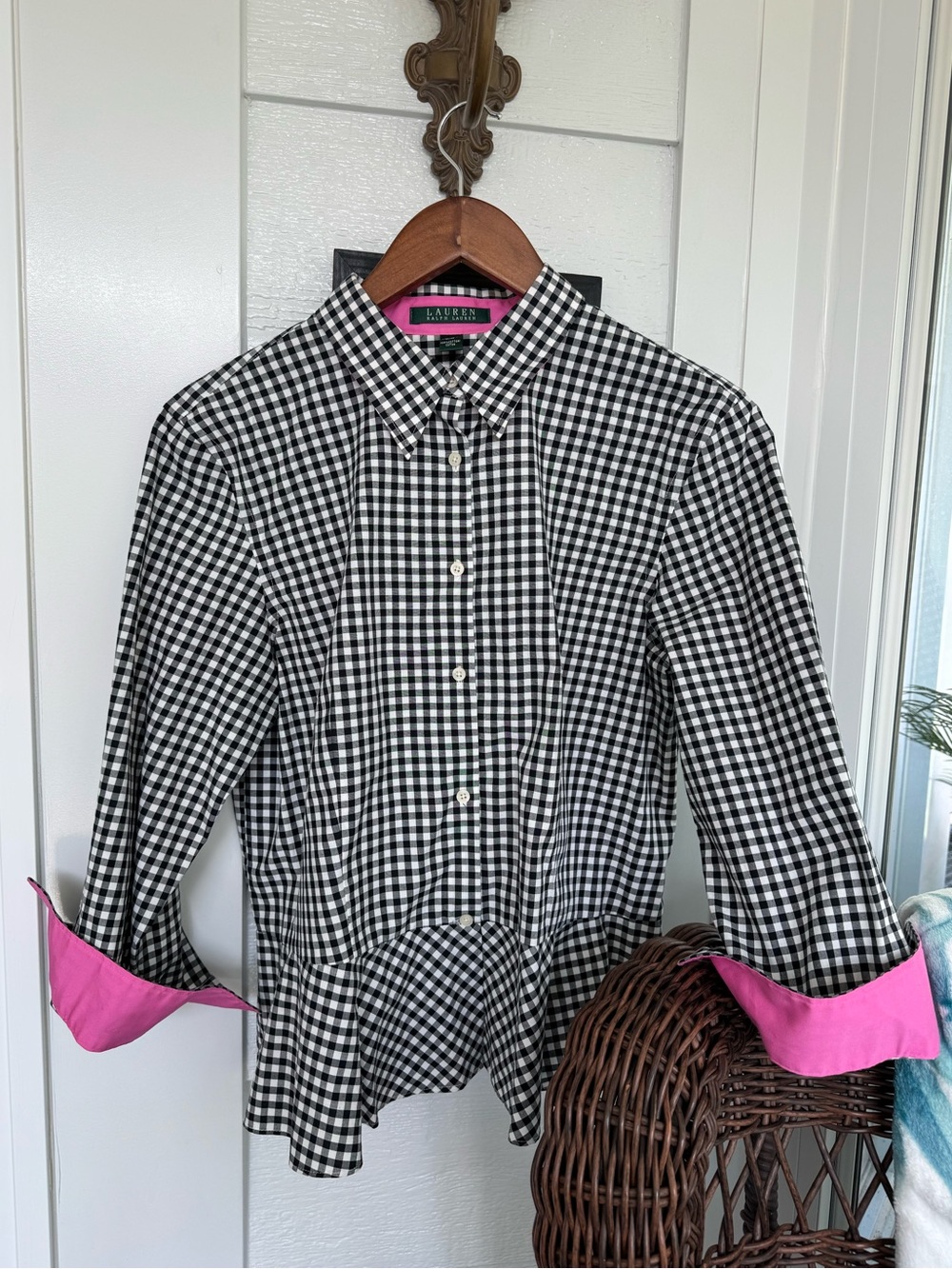Lauren Ralph Lauren NWOT Gingham Peplum Button Blouse Pink Cuff Black White Top
